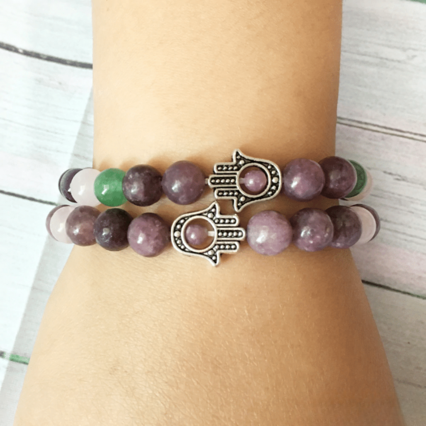 Set bracelets hand of Fatima with lepidolite and rose quartz