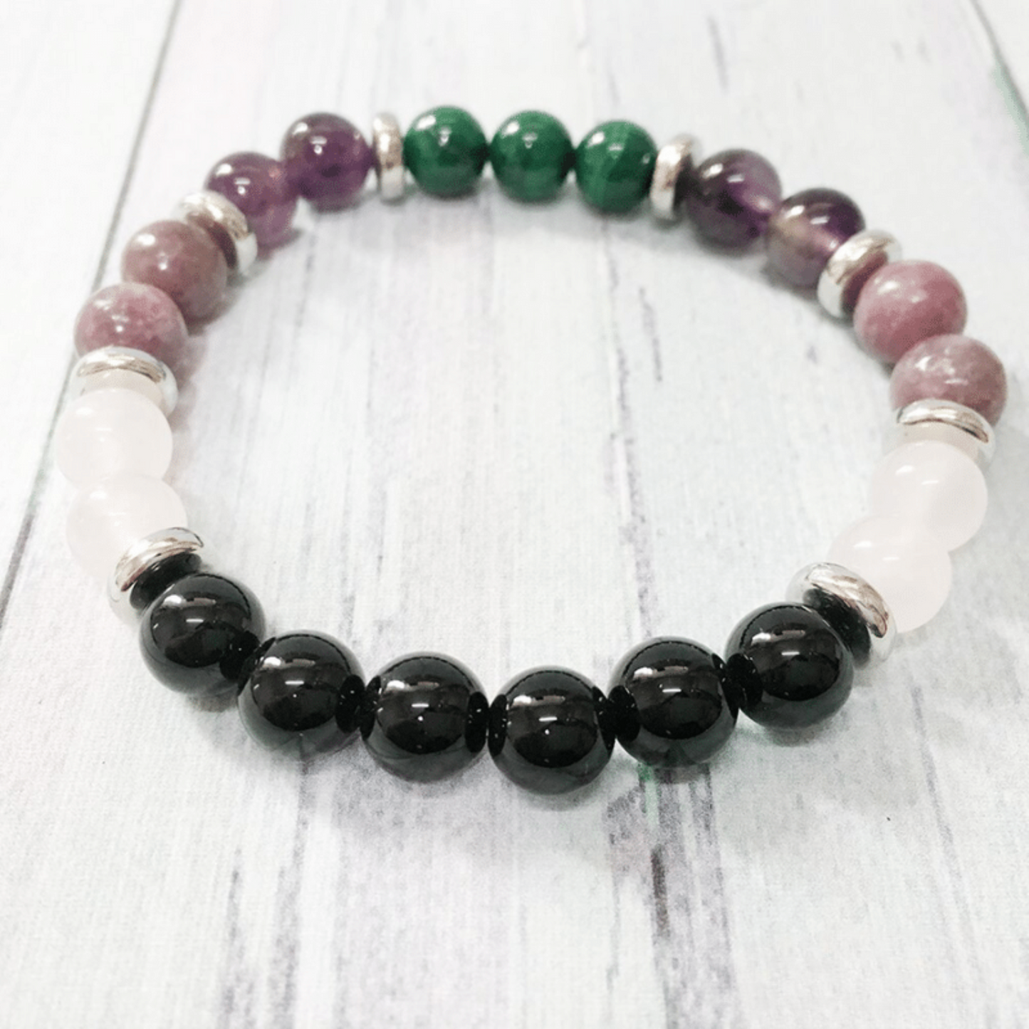 Bracelet en Tourmaline, Malachite, Améthyste et Quartz Rose