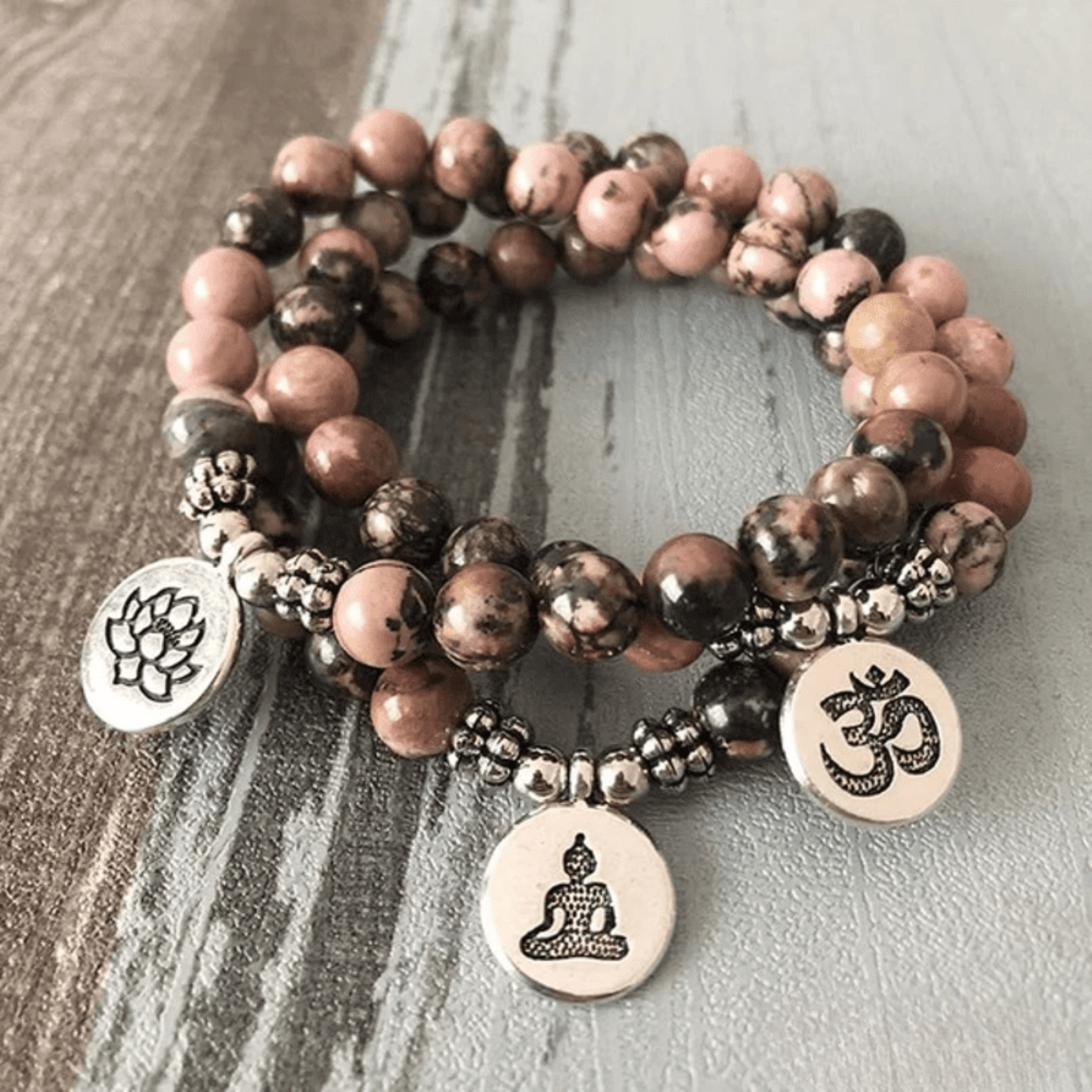 Tibetan Mala Bracelet in Rhodonite