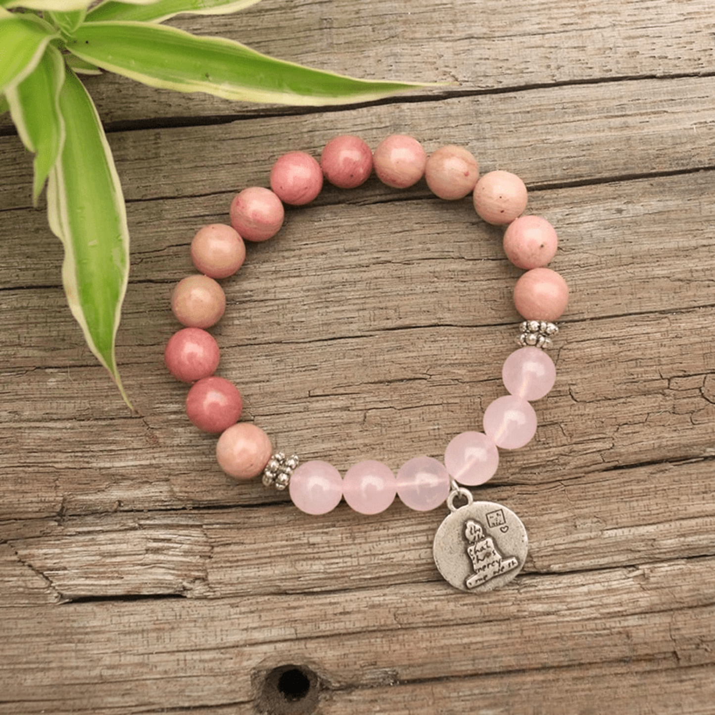 Tibetan Mala Bracelet in Rhodonite and Rose Quartz