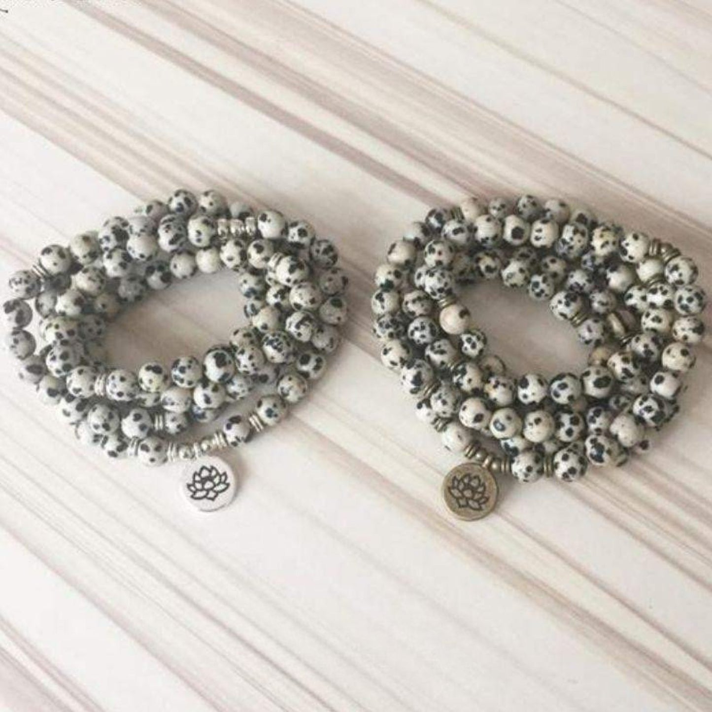 Dalmatian Jasper Mala Lotus Bracelet