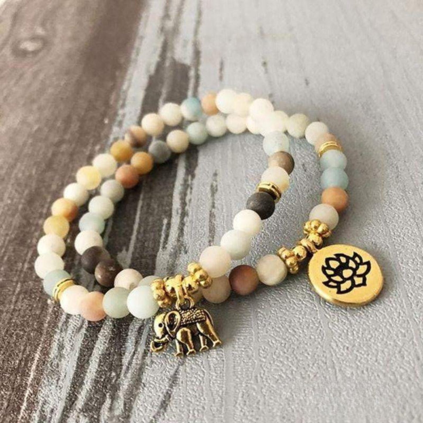 Lotus and elephant bracelets in amazonite 6mm