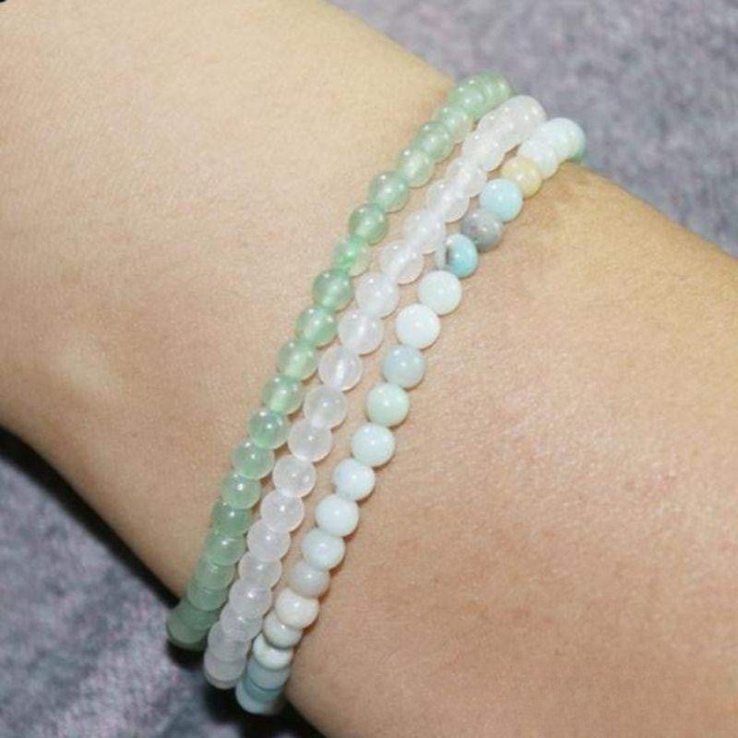 Snow quartz, amazonite and green aventurine bracelets