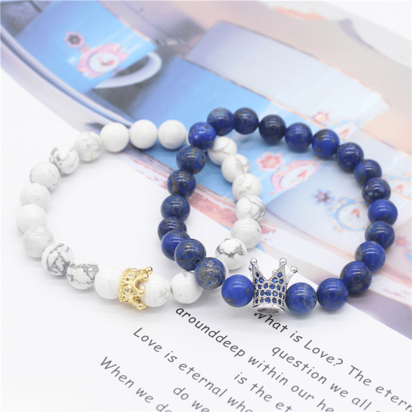 Blue and white crown distance bracelets
