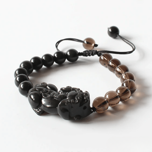 Pixiu Bracelet in Black Obsidian and Smoky Quartz