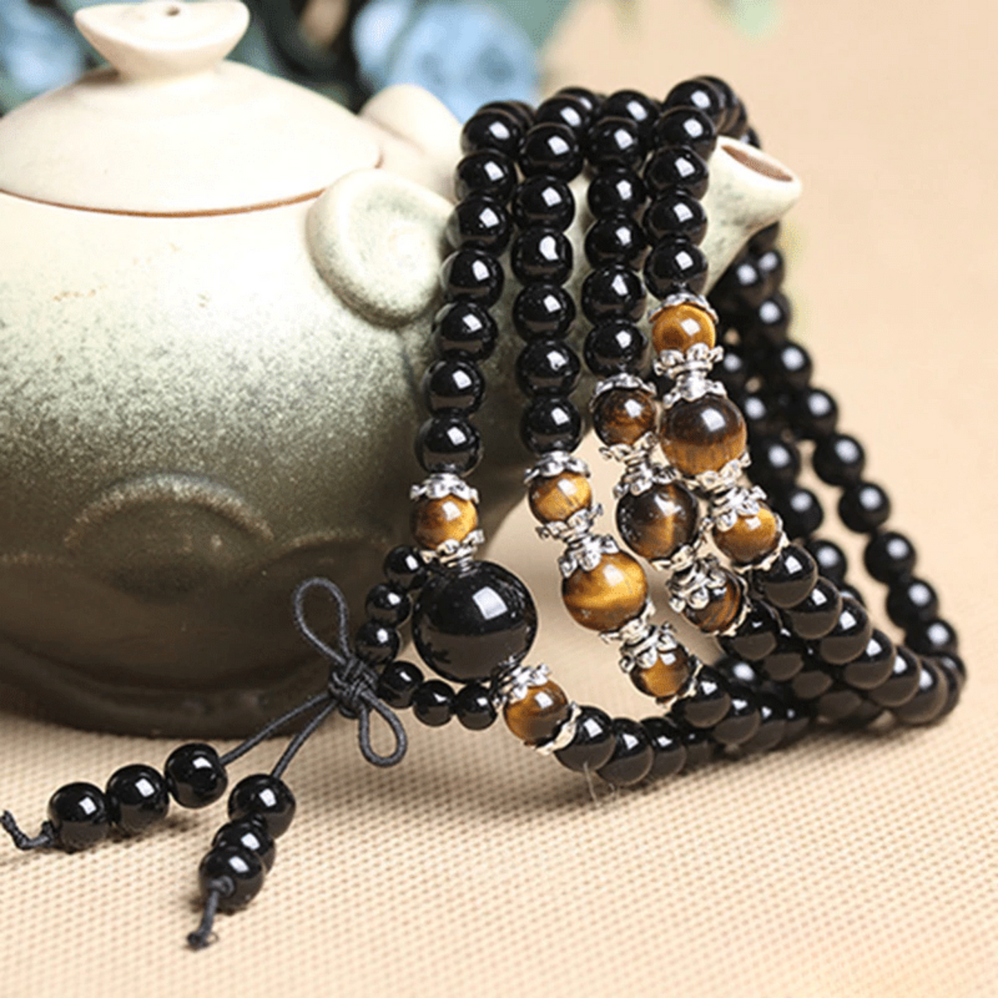 Tibetan Bracelet in Black Tourmaline and Tiger Eye