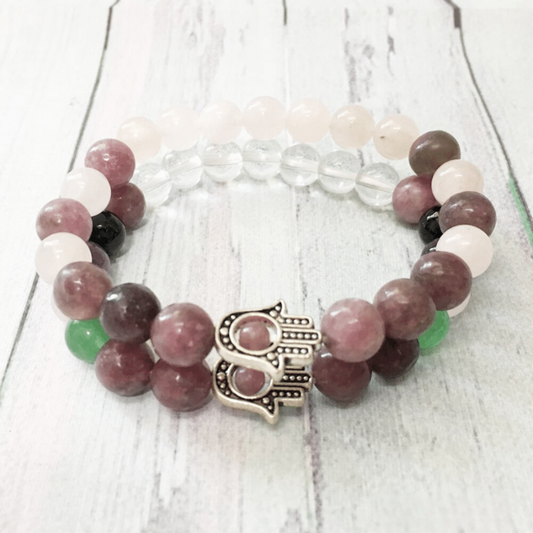 Set bracelets hand of Fatima with lepidolite and rose quartz