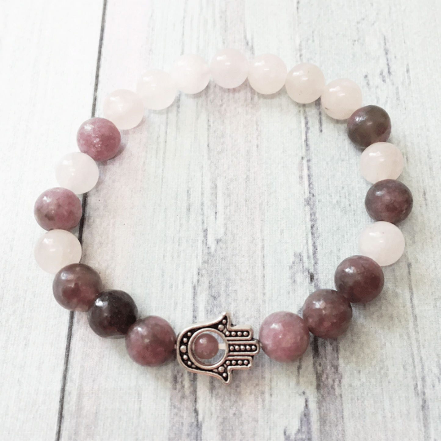 Set bracelets hand of Fatima with lepidolite and rose quartz