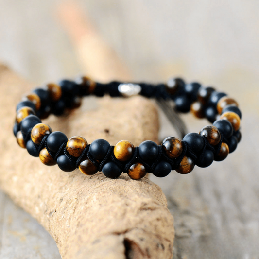Bracelet Ajustable en Onyx Noir Mat et Oeil de Tigre