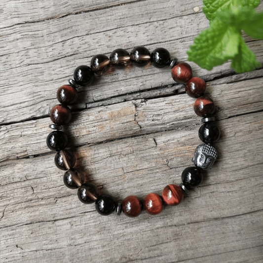 Bracelet Bouddha en Oeil de Taureau, Quartz Fumé et Onyx Noir