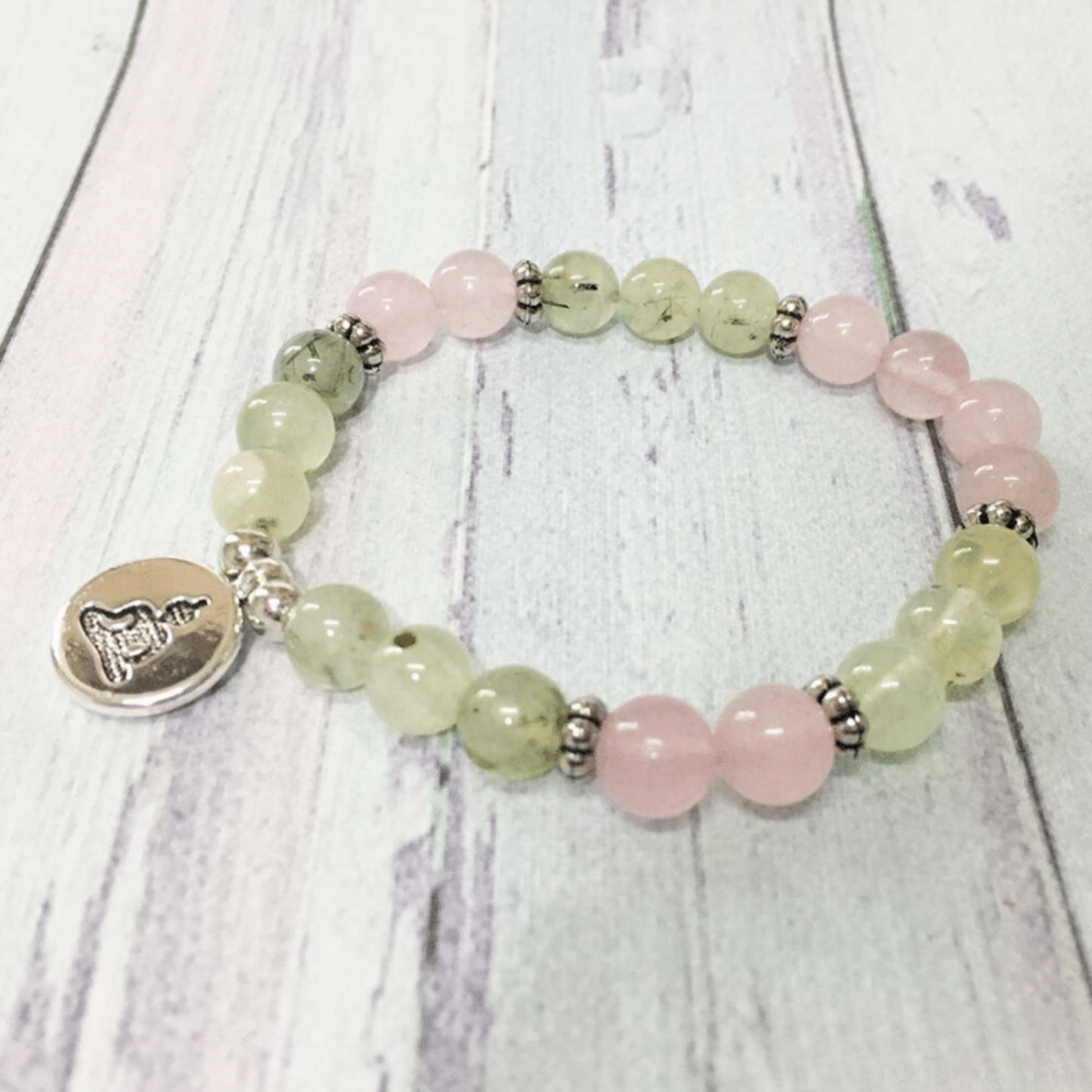 Bracelet Bouddha en Préhnite et Quartz Rose