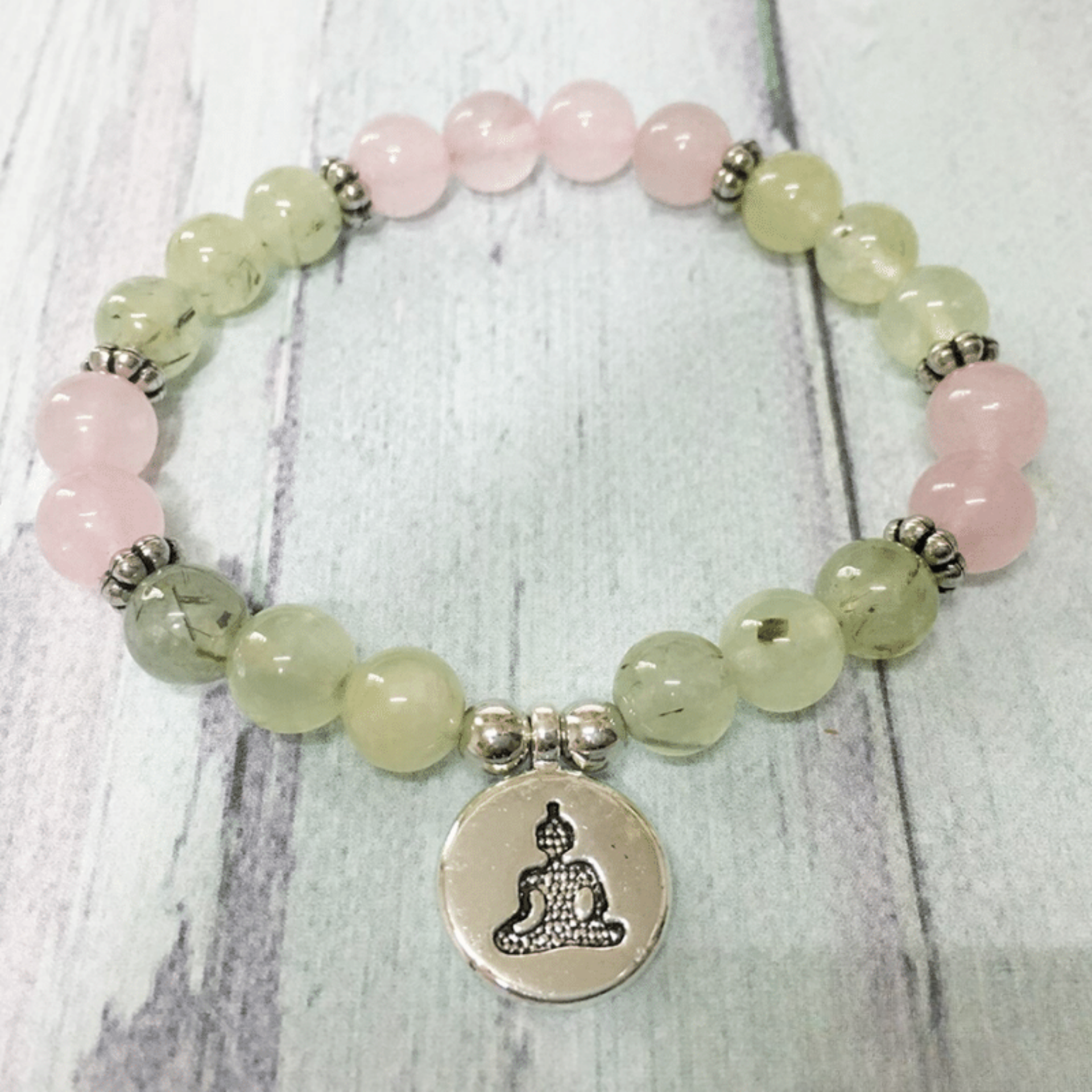 Bracelet Bouddha en Préhnite et Quartz Rose