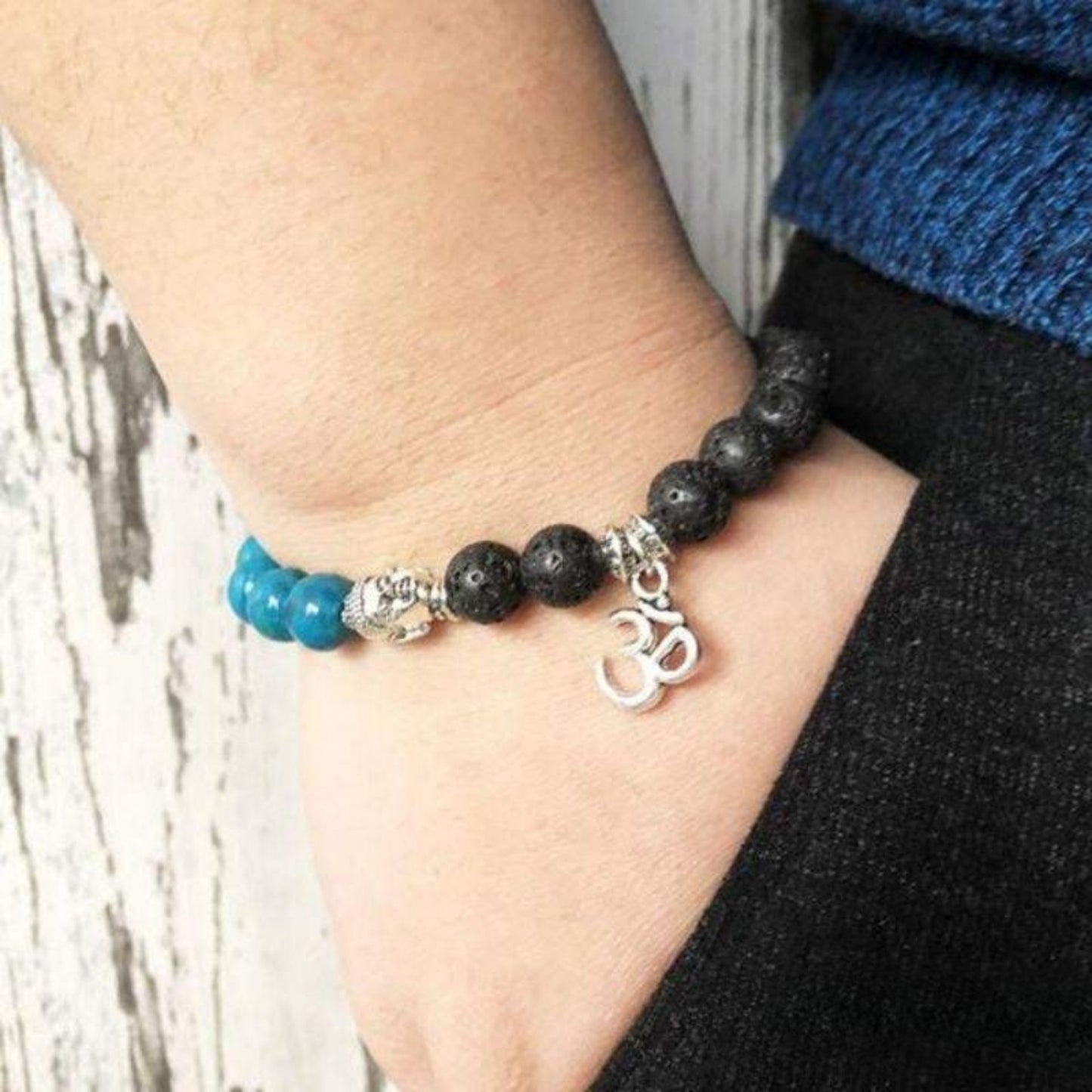 Bracelet Bouddha OM en Chrysocolle et Pierre de Lave