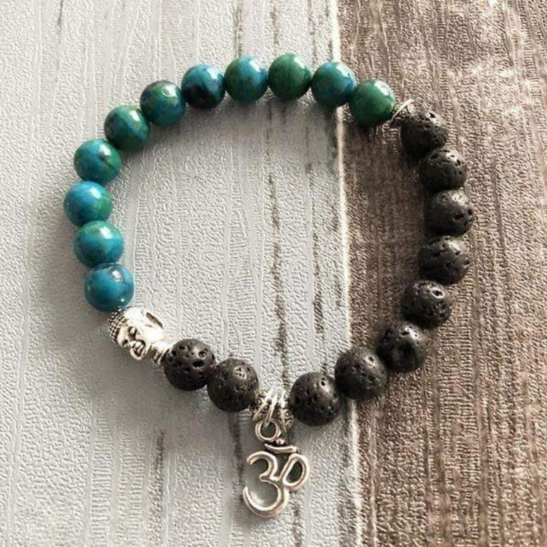 Bracelet Bouddha OM en Chrysocolle et Pierre de Lave