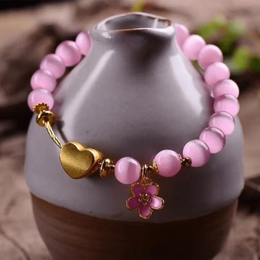 Bracelet Coeur en Oeil de Chat Rose