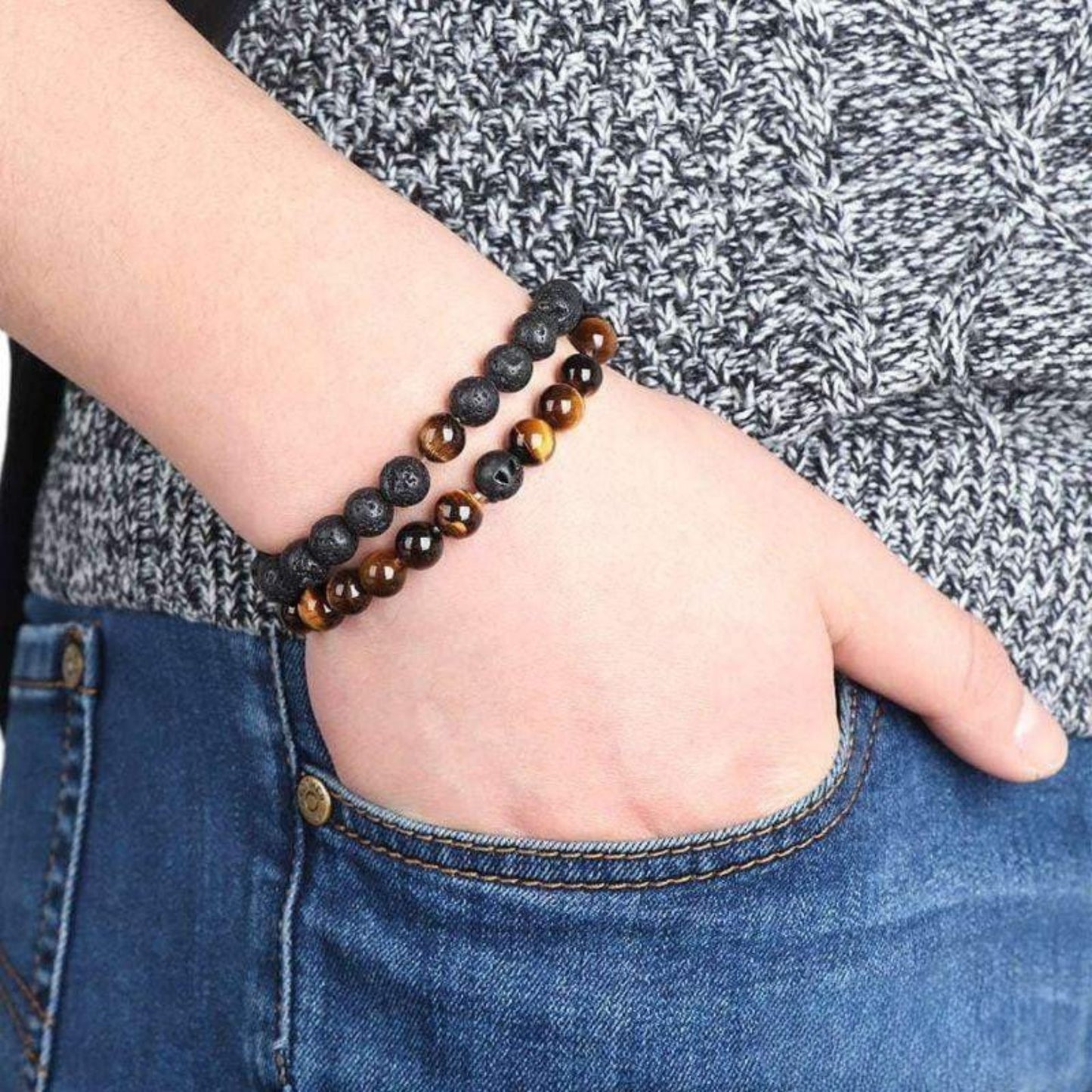 “Lava” Couple Distance Bracelets – Lava Stone & Tiger Eye