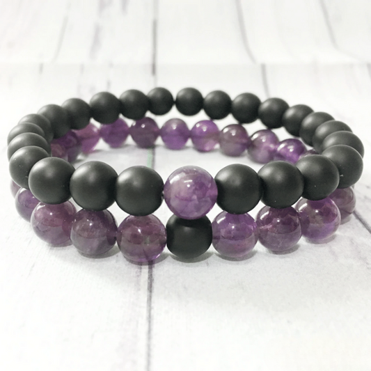 Bracelet Distance en Améthyste et Onyx Noir Mat