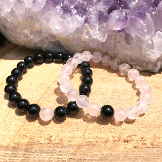 Bracelet Distance en Onyx Noir et Quartz Rose