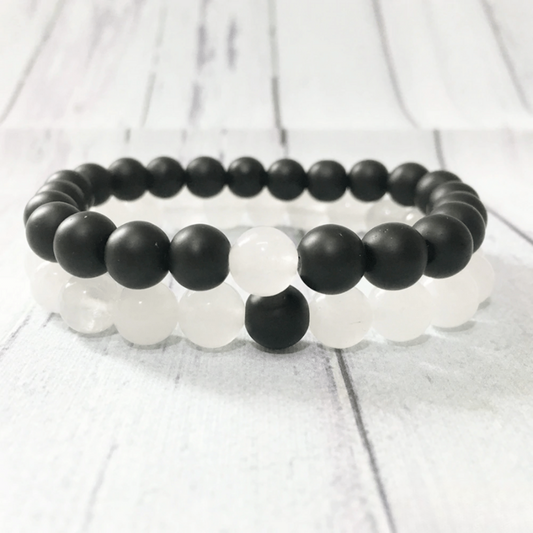 Bracelet Distance en Onyx Noir Mat et Agate Blanche