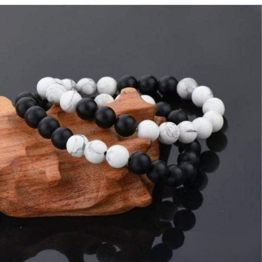 Bracelet Distance Noir et Blanc pour Couple en Pierres Naturelles