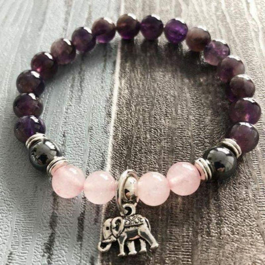 Bracelet Éléphant en Améthyste et Quartz Rose
