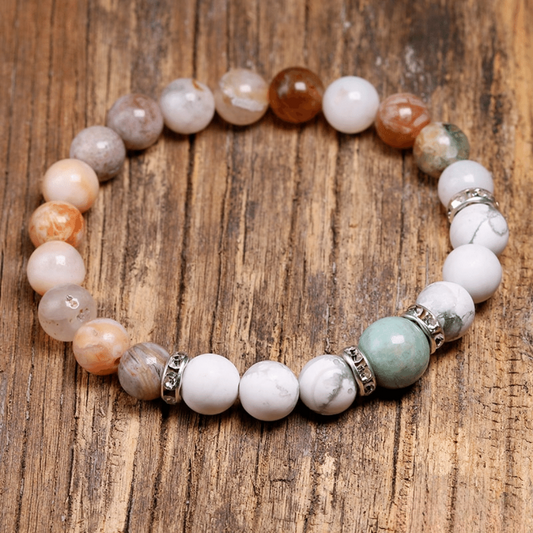 Bracelet en Agate Feuille de Bambou, Howlite et Amazonite