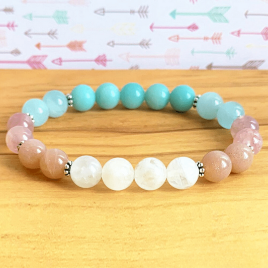 Bracelet en Aigue Marine, Amazonite, Quartz Rose, Pierre de Lune et de Soleil