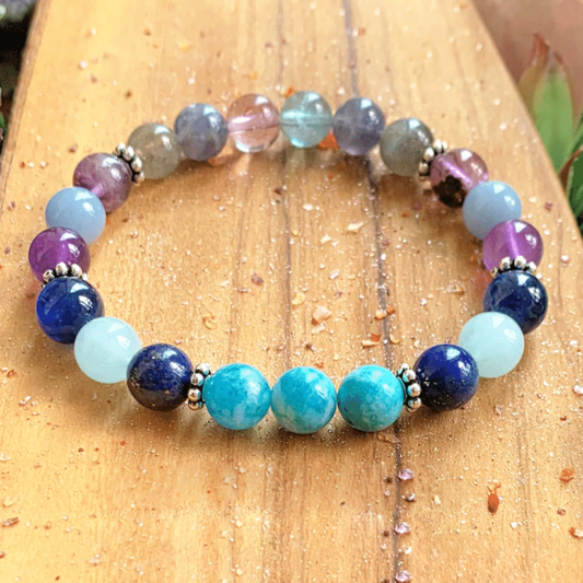 Bracelet en Aigue Marine, Apatite, Fluorite et Lapis Lazuli