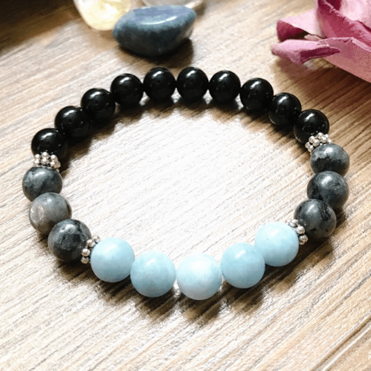 Bracelet en Aigue Marine, Tourmaline et Larvikite