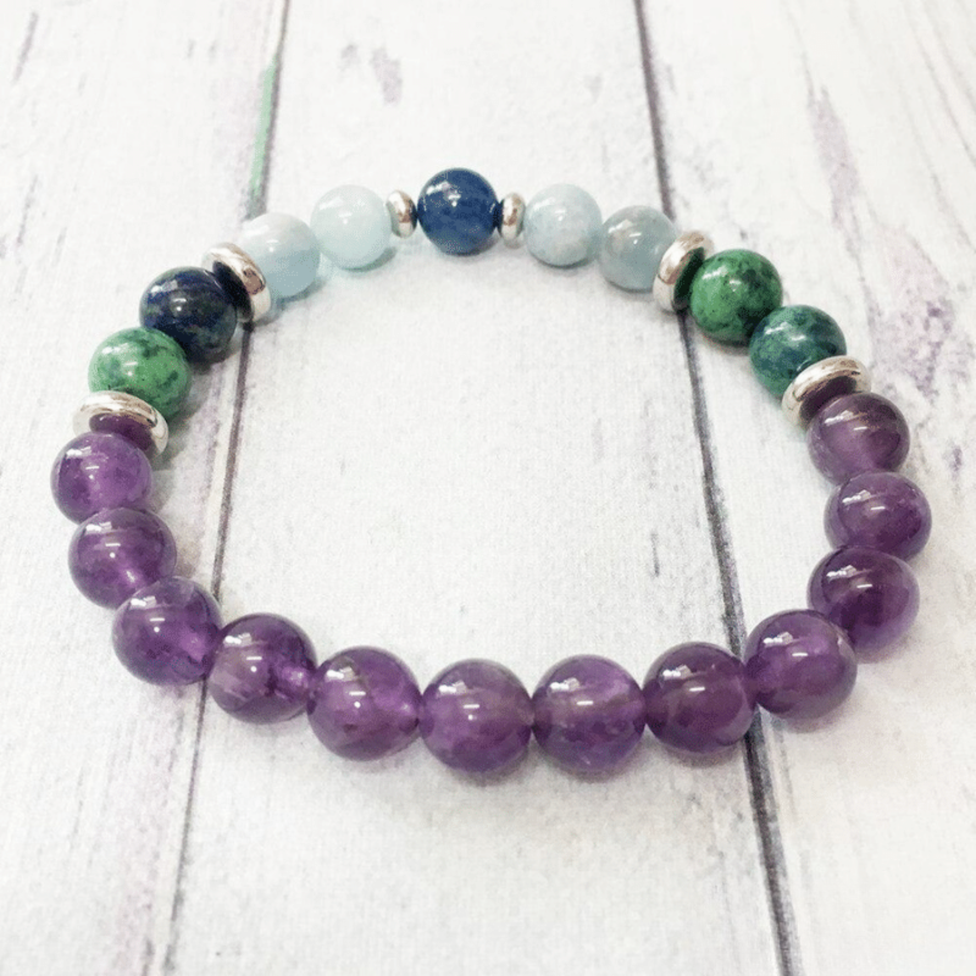 Bracelet en Améthyste, Chrysocolle, Aigue Marine et Kyanite