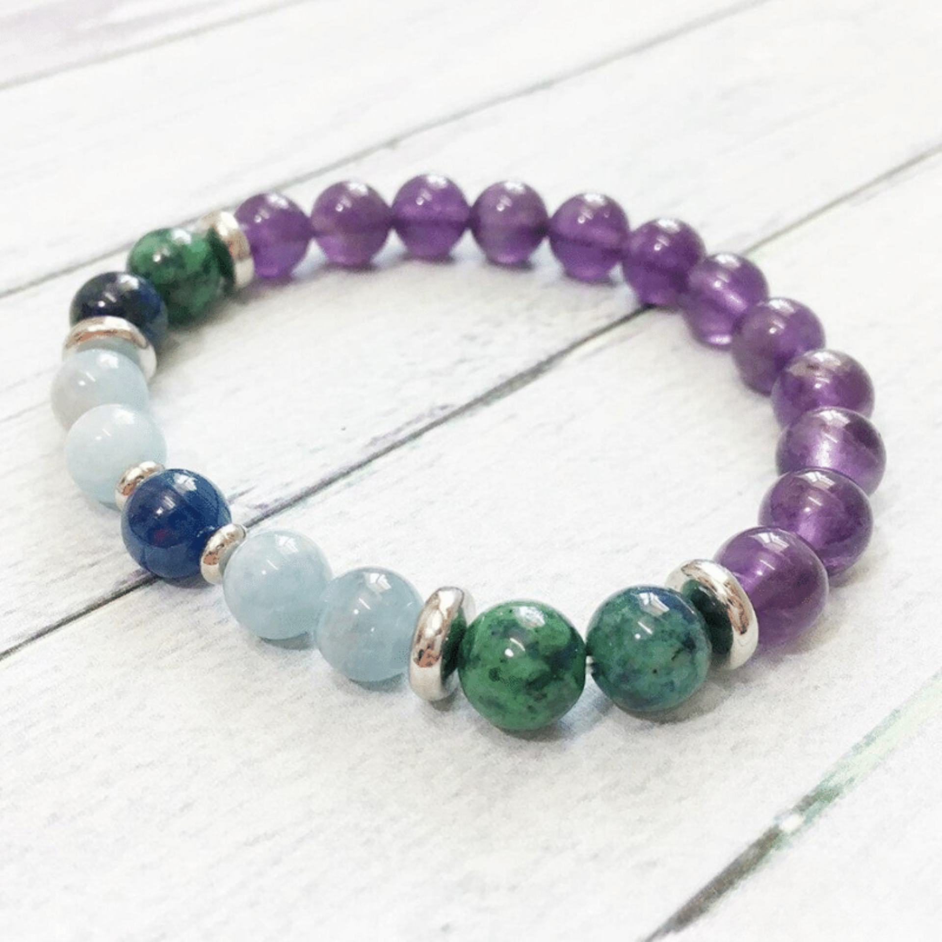 Bracelet en Améthyste, Chrysocolle, Aigue Marine et Kyanite