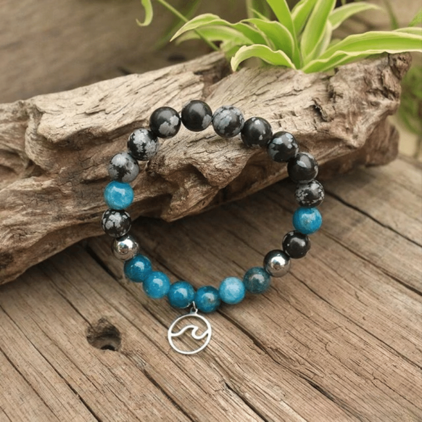 Bracelet en Apatite, Obsidienne Neige et Hématite