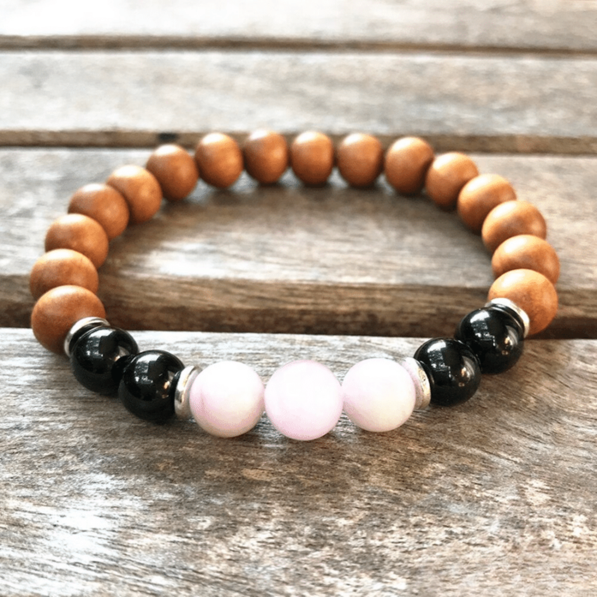 Bracelet en Bois de Santal, Tourmaline et Kunzite