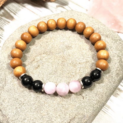 Bracelet en Bois de Santal, Tourmaline et Kunzite