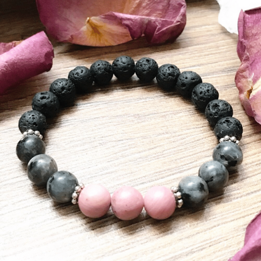 Bracelet en Larvikite, Rhodonite et Pierre de Lave