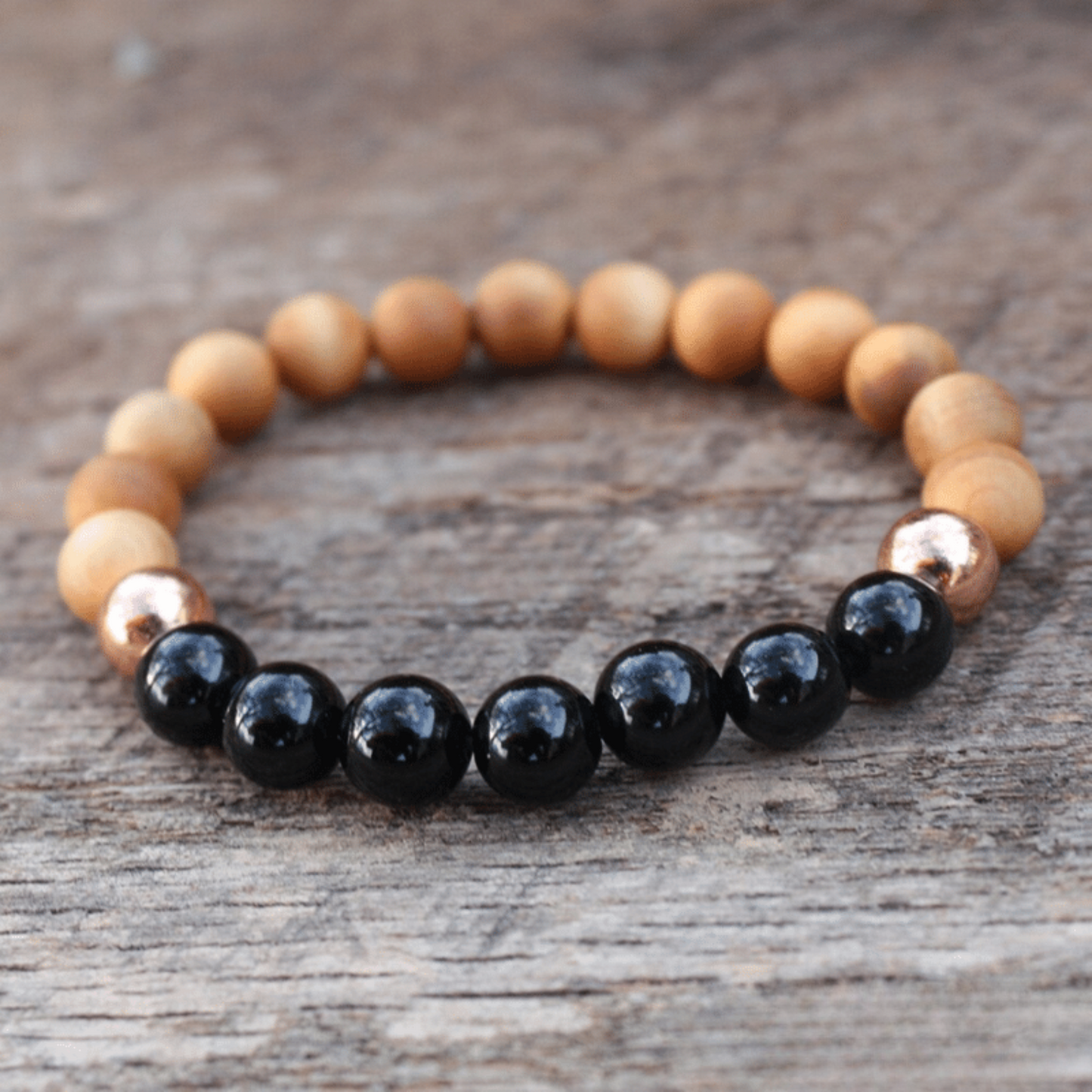 Bracelet en Obsidienne Noire et Bois de Santal