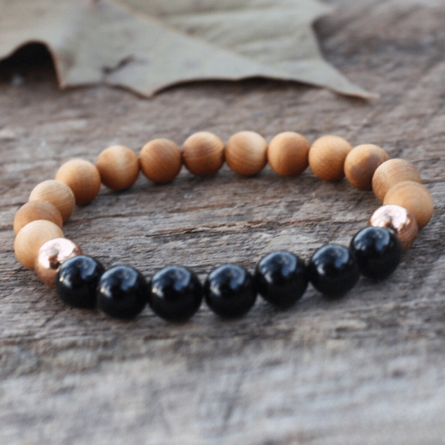 Bracelet en Obsidienne Noire et Bois de Santal