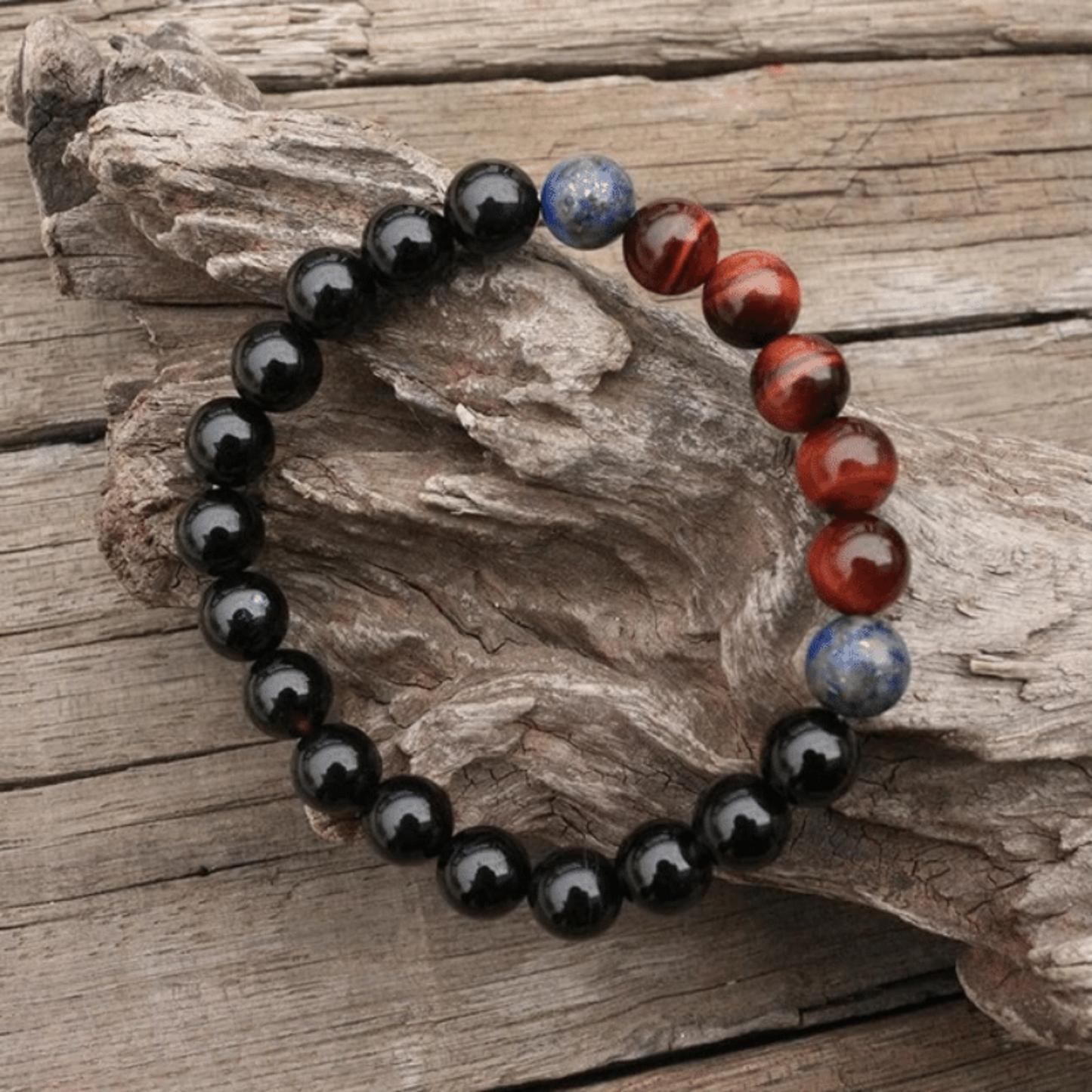 Bracelet en Onyx Noir, Oeil de Taureau et Lapis Lazuli