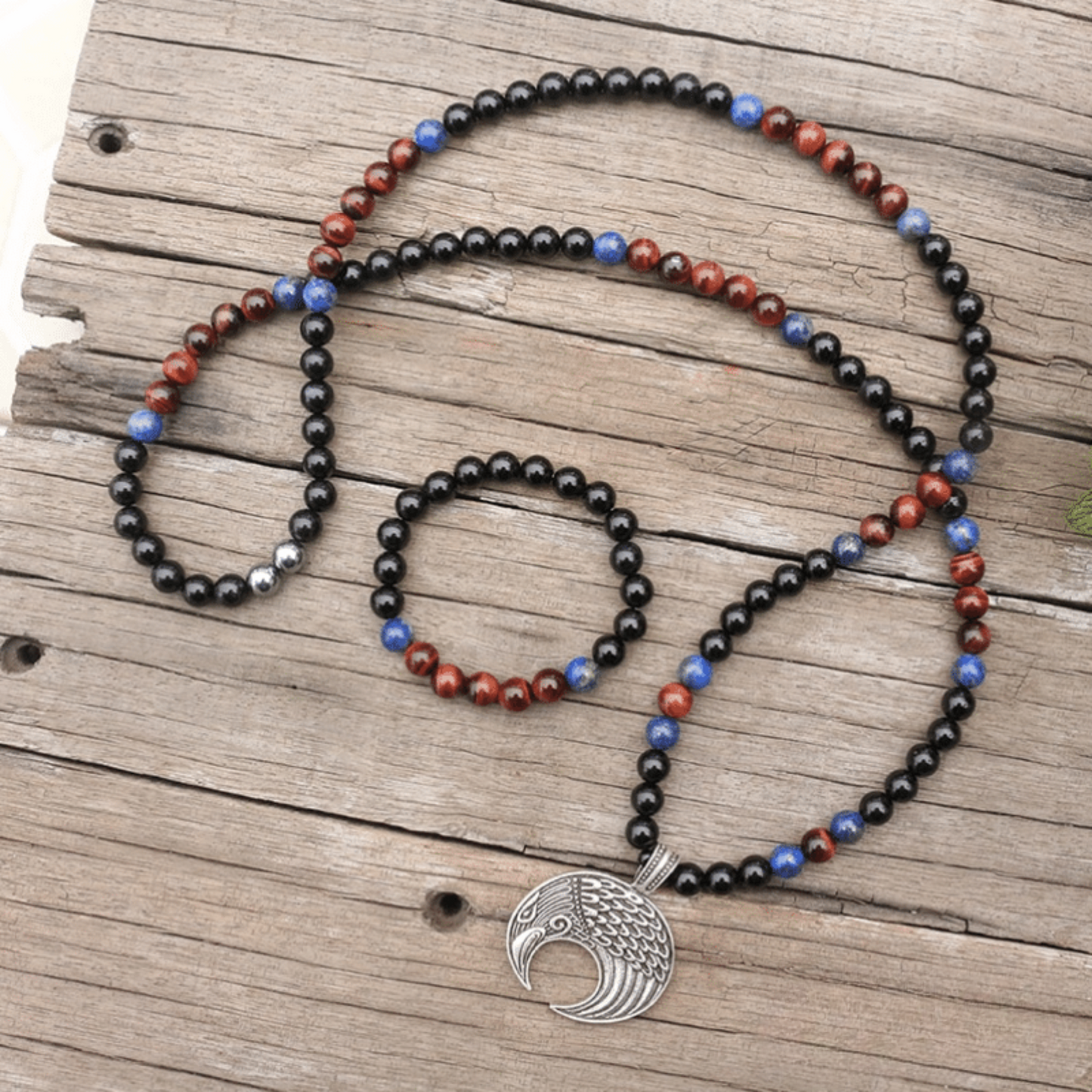 Bracelet en Onyx Noir, Oeil de Taureau et Lapis Lazuli