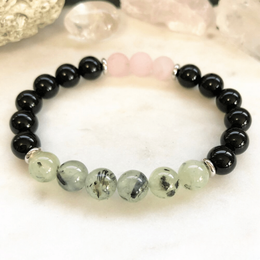 Bracelet en Onyx Noir, Préhnite et Quartz Rose
