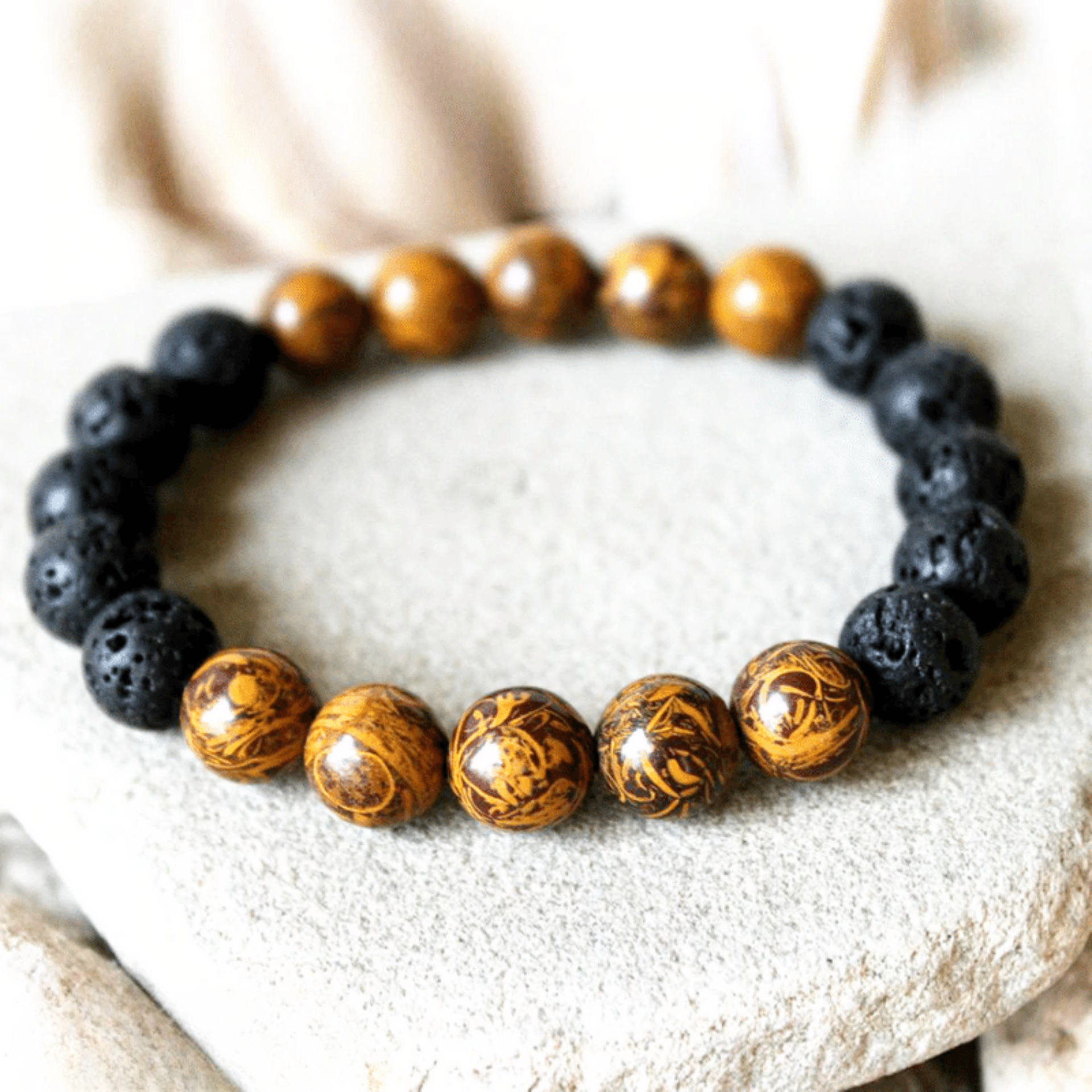 Bracelet en Pierre de Lave et Jaspe Peau d'Éléphant