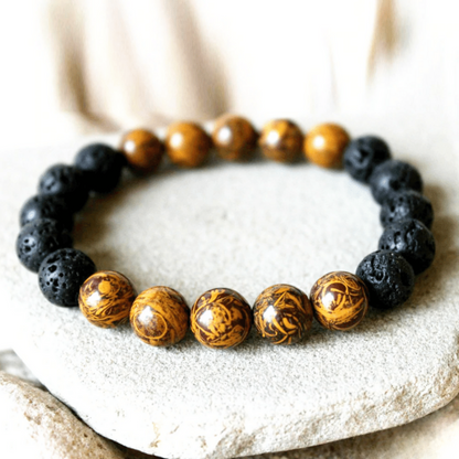 Bracelet en Pierre de Lave et Jaspe Peau d'Éléphant