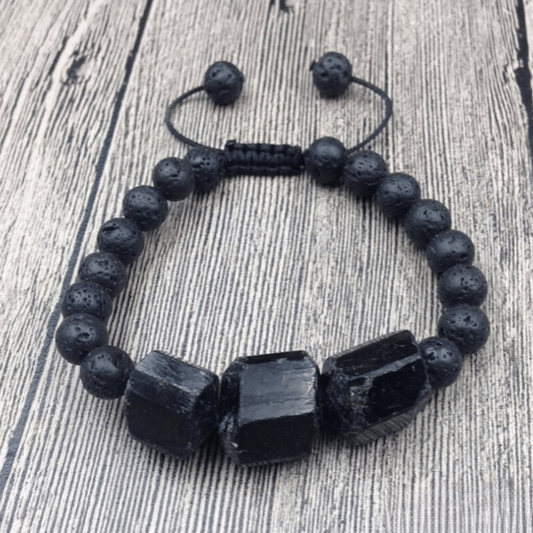 Bracelet en Pierre de Lave et Tourmaline Noire Brute