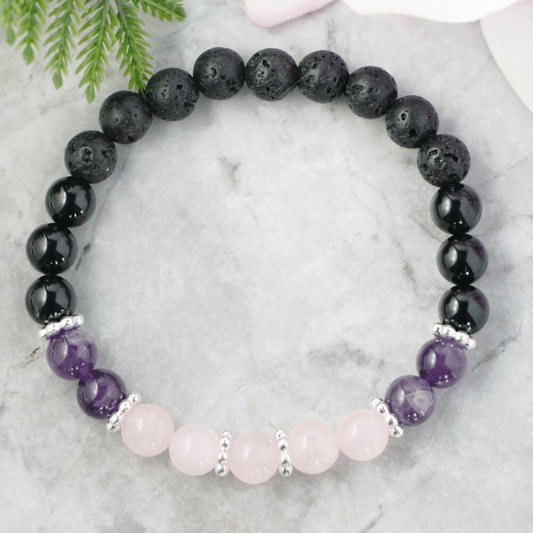 Bracelet en Pierre de Lave, Tourmaline, Améthyste et Quartz Rose