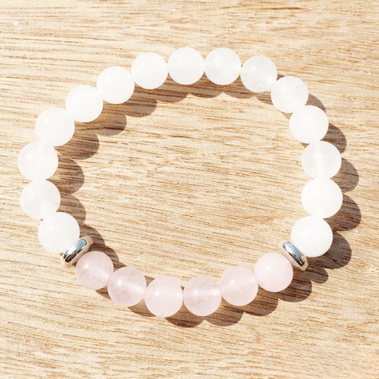 Bracelet en Pierre de Lune Blanche et Quartz Rose