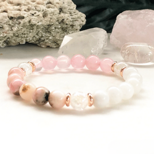 Bracelet en Pierre de Lune, Opale Rose et Quartz Rose