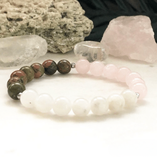 Bracelet en Pierre de Lune, Quartz Rose et Unakite