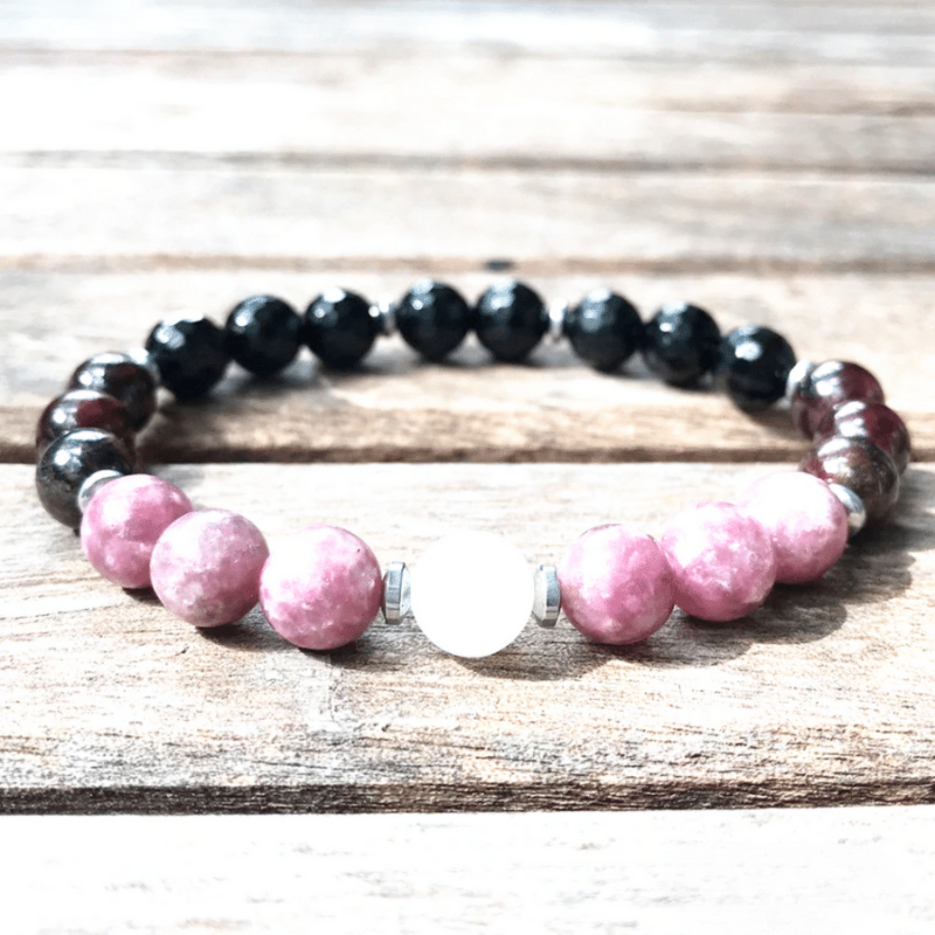 Bracelet en Tourmaline, Grenat, Lépidolite et Pierre de Lune