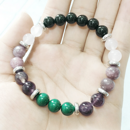 Bracelet en Tourmaline, Malachite, Améthyste et Quartz Rose