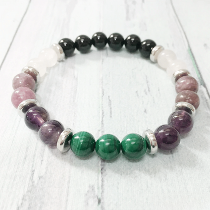 Bracelet en Tourmaline, Malachite, Améthyste et Quartz Rose